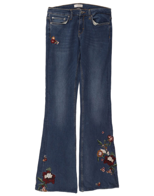Zara Damen Bootcut Jeans EU 38 Small W28 L33 Blau geblümte Baumwolle