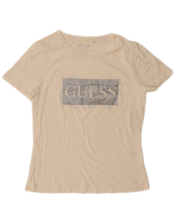 Guess Damen-T-Shirt mit lockerer Passform, Grafik, UK 10, Größe S, cremefarbene Baumwolle