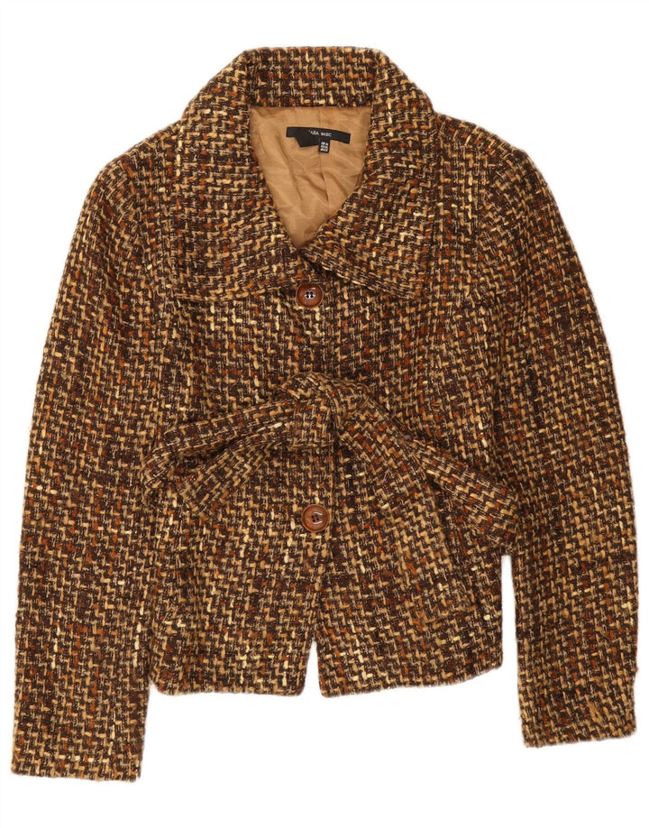 Zara Damen 3-Knopf-Blazerjacke UK 18 XL Braunes Chevron-Acryl