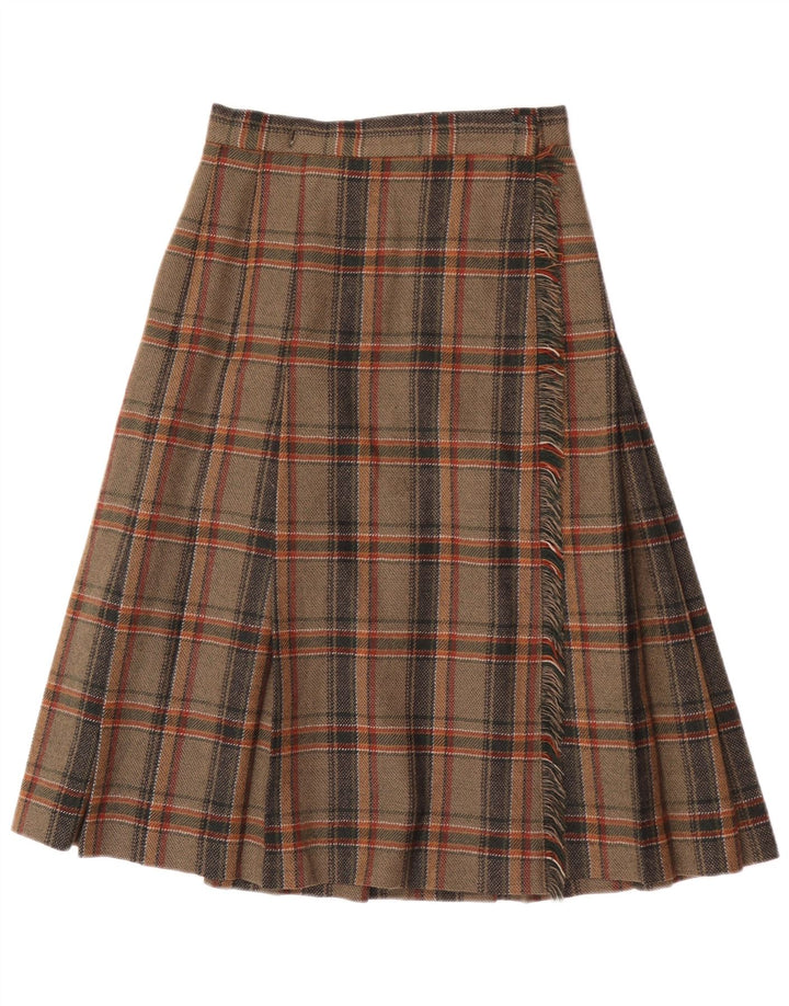 Vintage Damen Midi Wickelrock IT 40 Small W24 Braun karierte Wolle