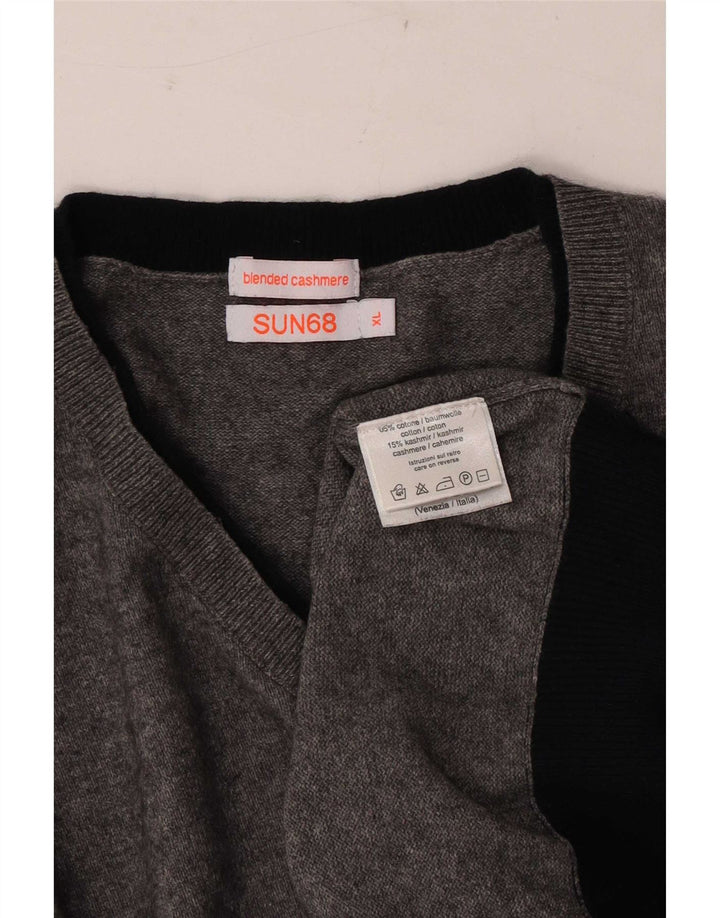 Sun68 Herren-Pullover mit V-Ausschnitt, XL, graue Baumwolle