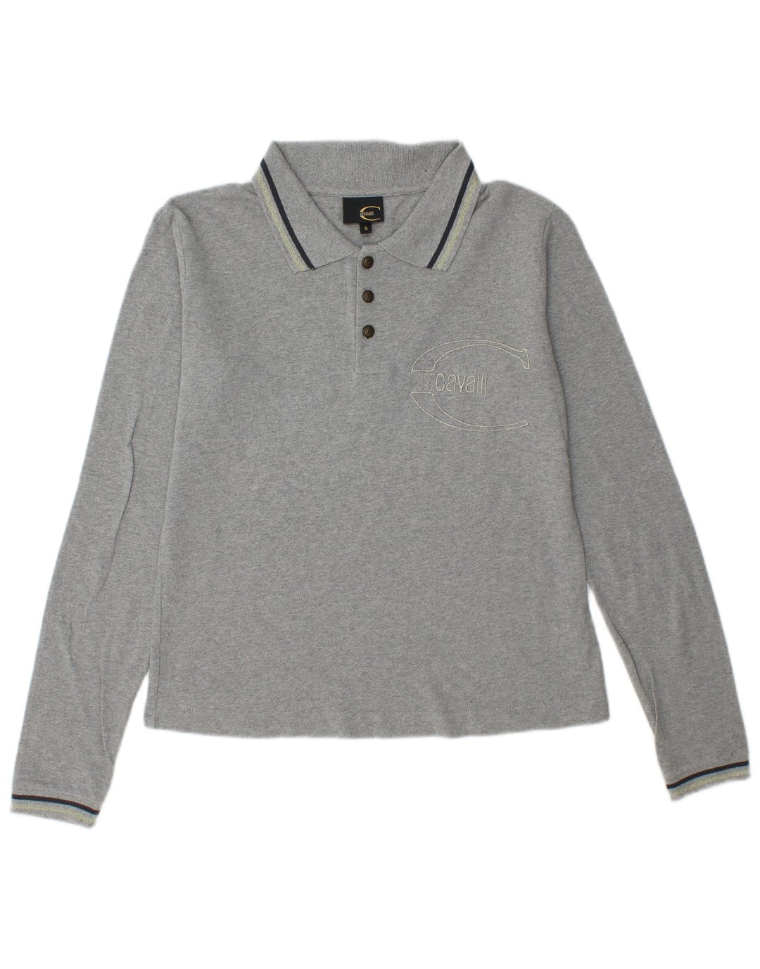 JUST CAVALLI Grafik-Langarm-Poloshirt für Damen, UK 10, Größe S, Grau, Baumwolle