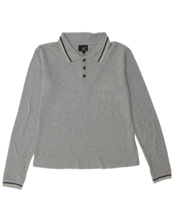 JUST CAVALLI Grafik-Langarm-Poloshirt für Damen, UK 10, Größe S, Grau, Baumwolle