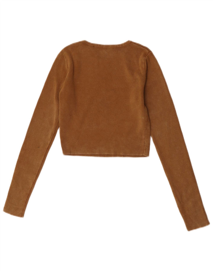 Zara Damen Crop Top Langarm UK 8 Small Beige Baumwolle