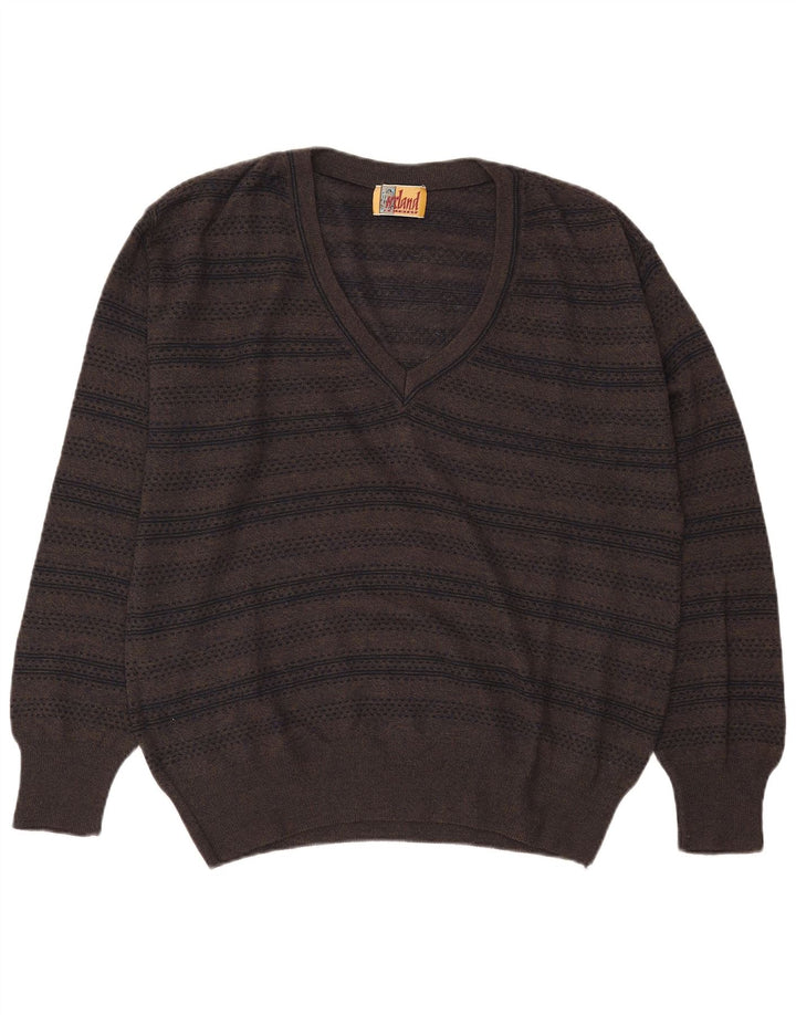 Ireland Herren-Pullover mit V-Ausschnitt, groß, Khaki, gestreift, Wolle