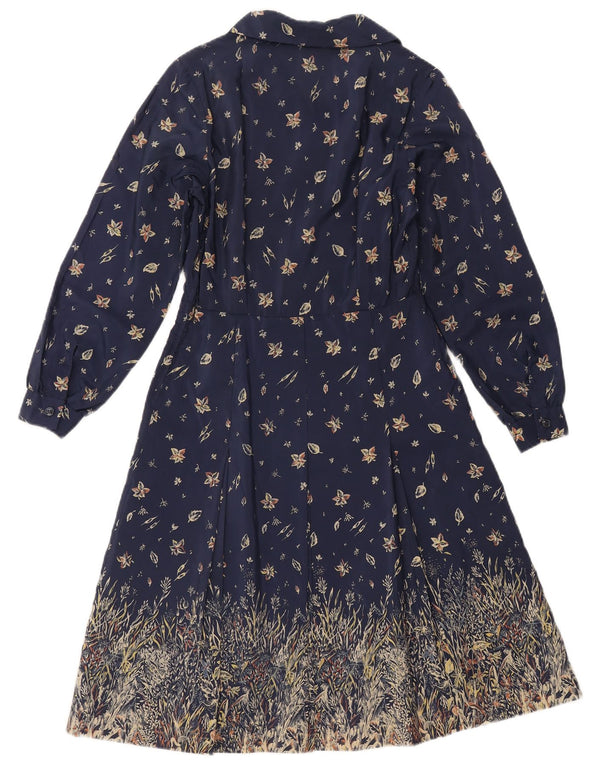 Vintage Damen Langarm-A-Linien-Kleid UK 12 Medium Navy Blue Floral