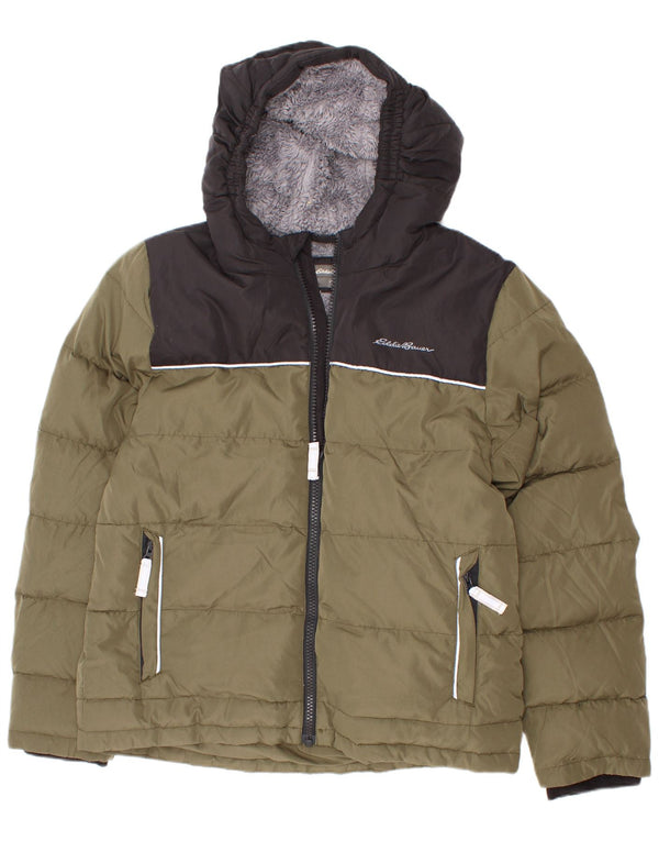 Eddie Bauer Wattierte Jungenjacke mit Kapuze, 7–8 Jahre, Größe S, Khaki, Farbblock