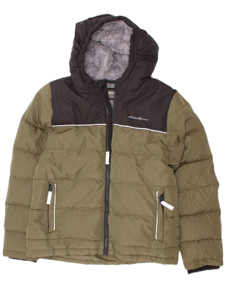 Eddie Bauer Wattierte Jungenjacke mit Kapuze, 7–8 Jahre, Größe S, Khaki, Farbblock