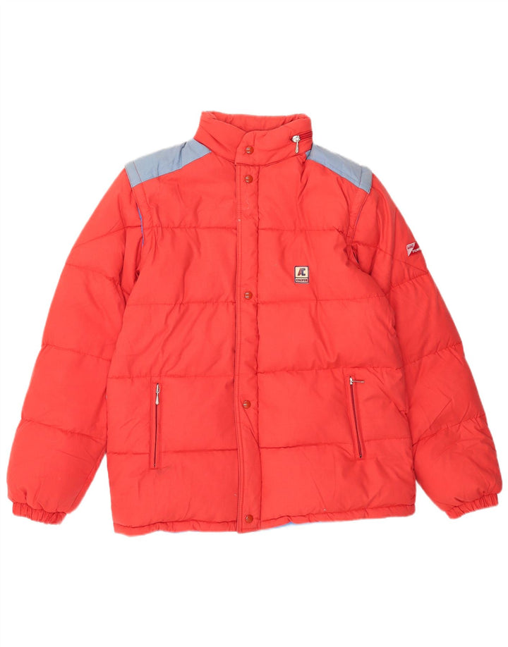 Wattierte Vintage-Herrenjacke mit Kapuze, Größe 46, klein, rot, Farbblock-Polyester