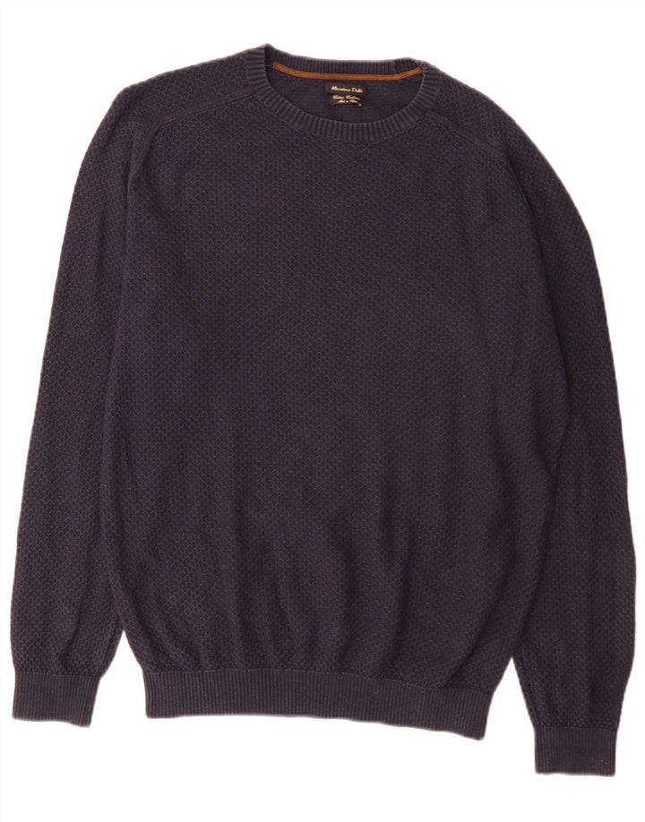 Massimo Dutti Herren-Pullover mit U-Boot-Ausschnitt, groß, marineblaue Baumwolle