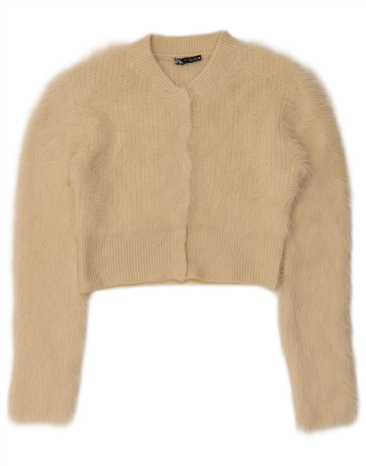 Zara Damen Crop Cardigan Pullover UK 8 Small Beige Polyester