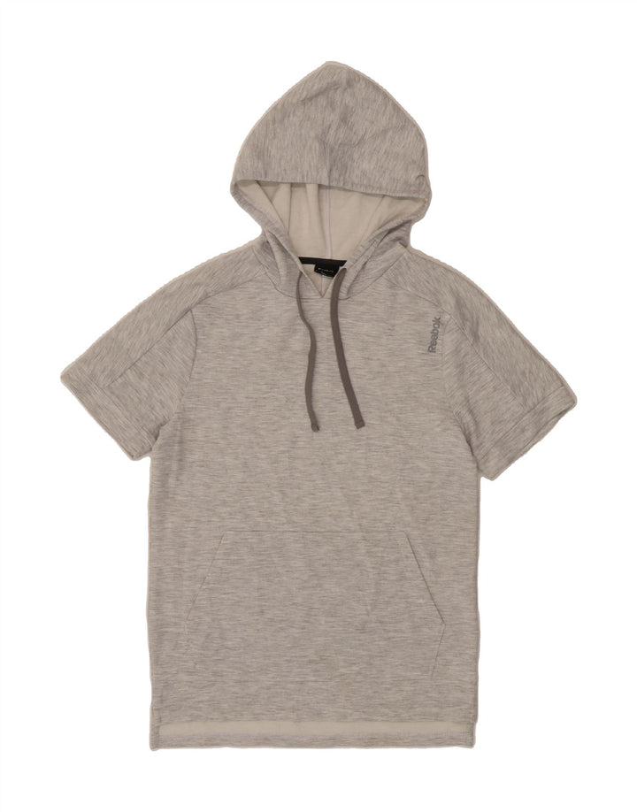 REEBOK Womens Short Sleeve Hoodie Jumper UK 10 Small Grey Polyester Vintage Reebok and Second-Hand Reebok from Messina Hembry 