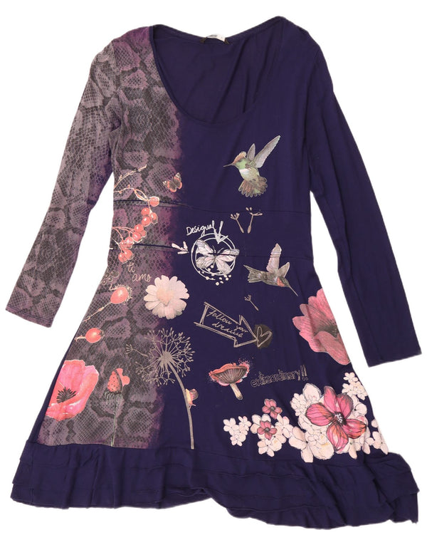 Desigual Damen Grafik-Langarm-A-Linien-Kleid UK 18 XL Marineblau mit Blumenmuster