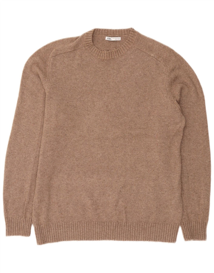 Zara Herren-Pullover mit Rundhalsausschnitt, mittelbraunes Polyester