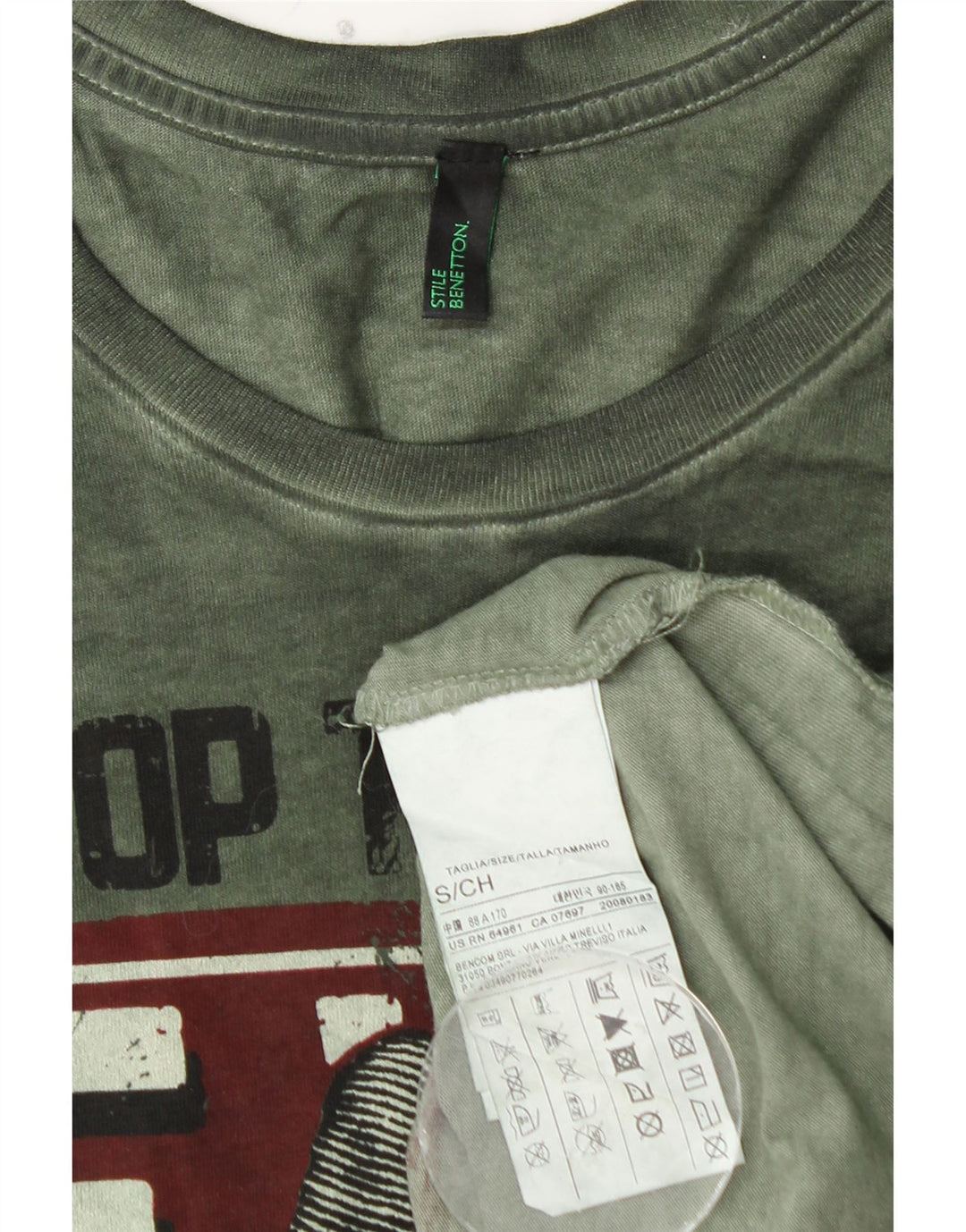 BENETTON Herren-Grafik-Oberteil, langärmelig, klein, grüne Baumwolle