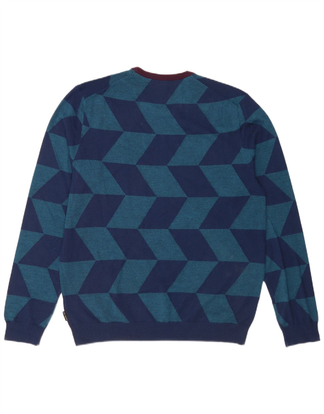 Ted Baker Herren-Pullover mit Rundhalsausschnitt, Größe 5 XL, blaue geometrische Wolle