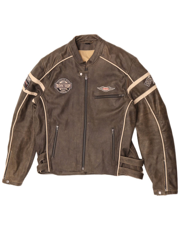 Spirit Motors Herren-Racerjacke aus grafischem Leder, UK 44, 2XL, braunes Leder