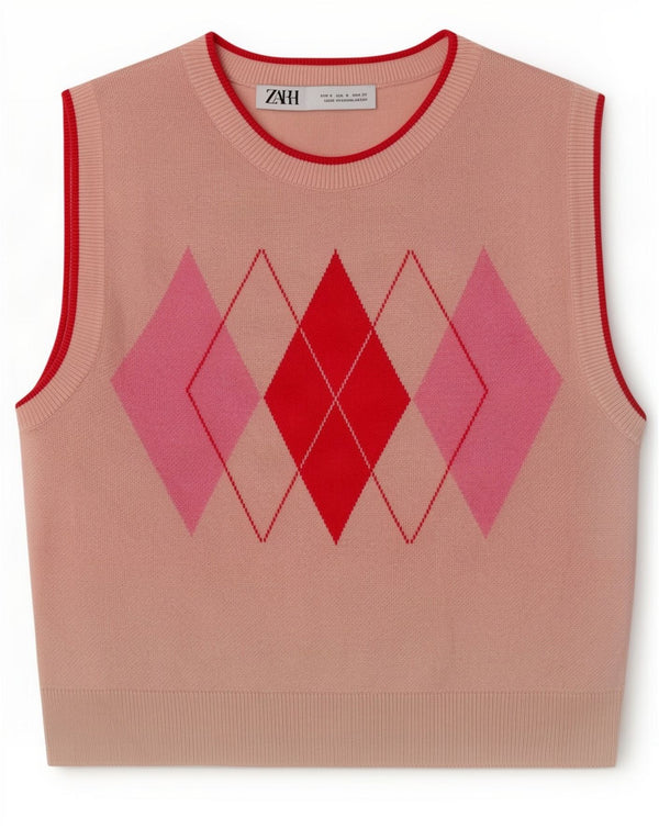 Zara Damen Crop Vest Tank Top UK 8 Small Pink Argyle/Diamond Viscose