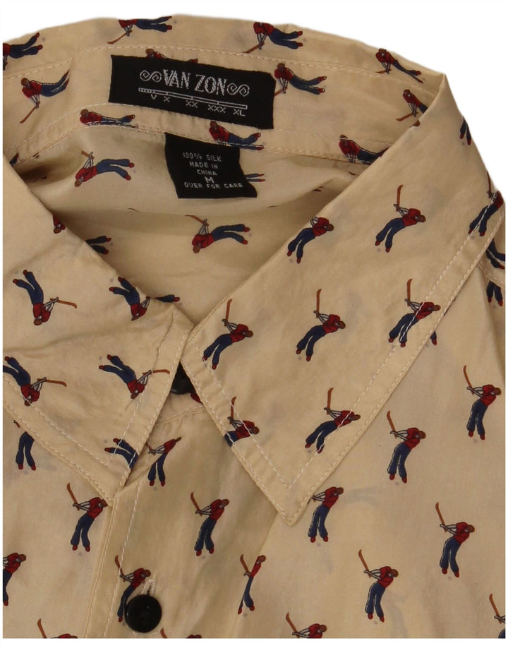 VAN ZON Herren Golf-Kurzarmhemd mit abstraktem Muster, mittelbeige Seide