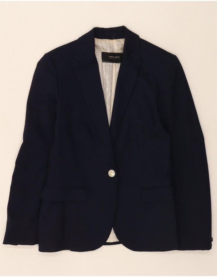 ZARA Womens 1 Button Blazer Jacket UK 6 XS Navy Blue Cotton Vintage Zara and Second-Hand Zara from Messina Hembry 