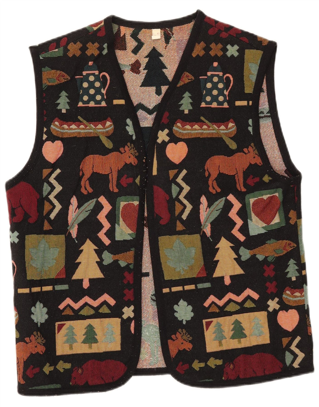 Vintage Womens OPEN Waistcoat UK 14 Large Black Geometric Polyester
