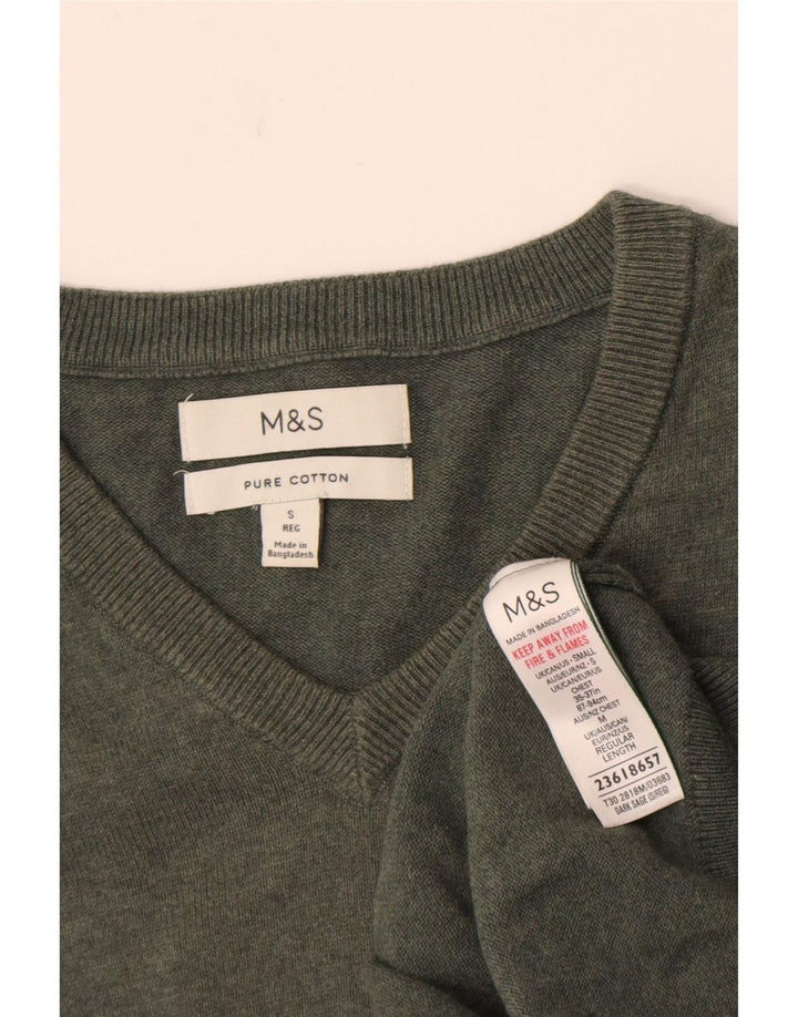 Marks & Spencer Herren-Pullover mit V-Ausschnitt, Größe S, Khaki, Baumwolle