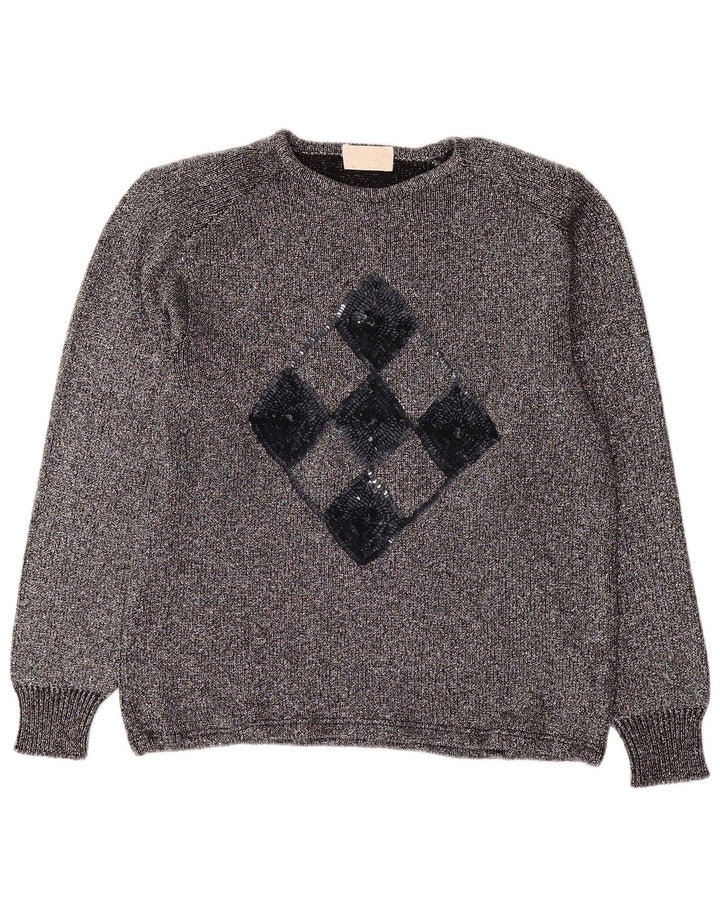 VINTAGE Womens Crew Neck Jumper Sweater UK 16 Large Silver Argyle/Diamond