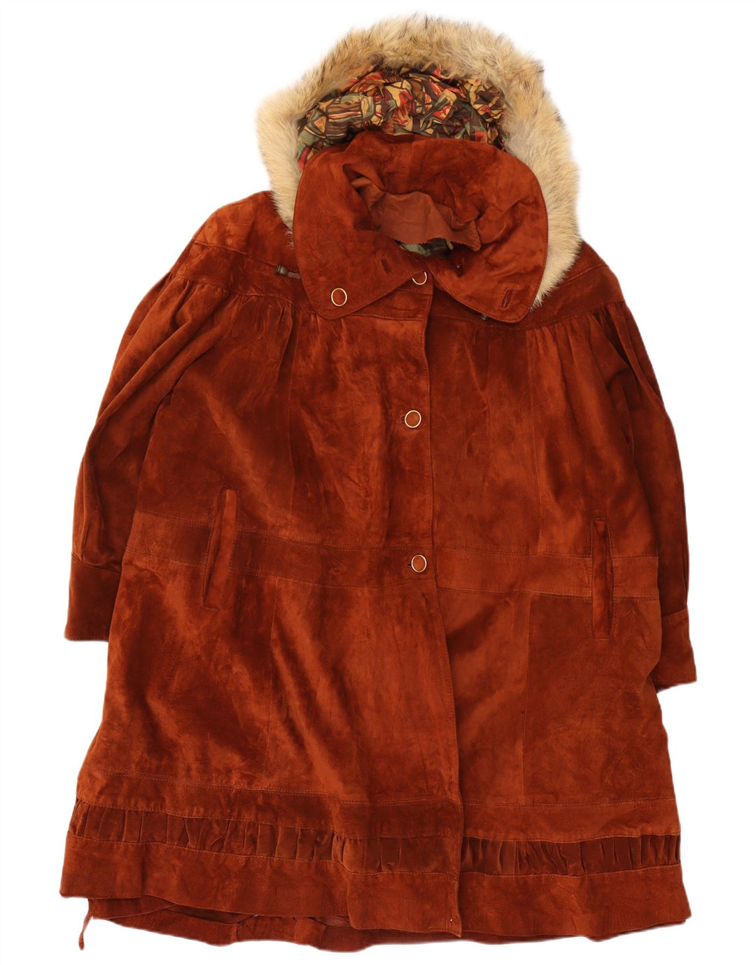 Vintage Damen Übergroßer Kapuzen-Wildledermantel UK 14 Mittelbraunes Leder