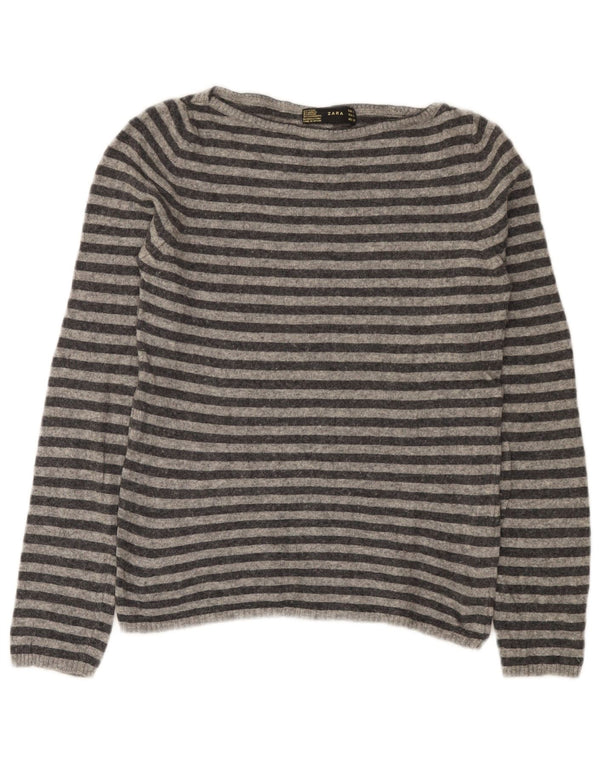 Zara Damen-Pullover mit U-Boot-Ausschnitt, UK 14, große grau gestreifte Wolle