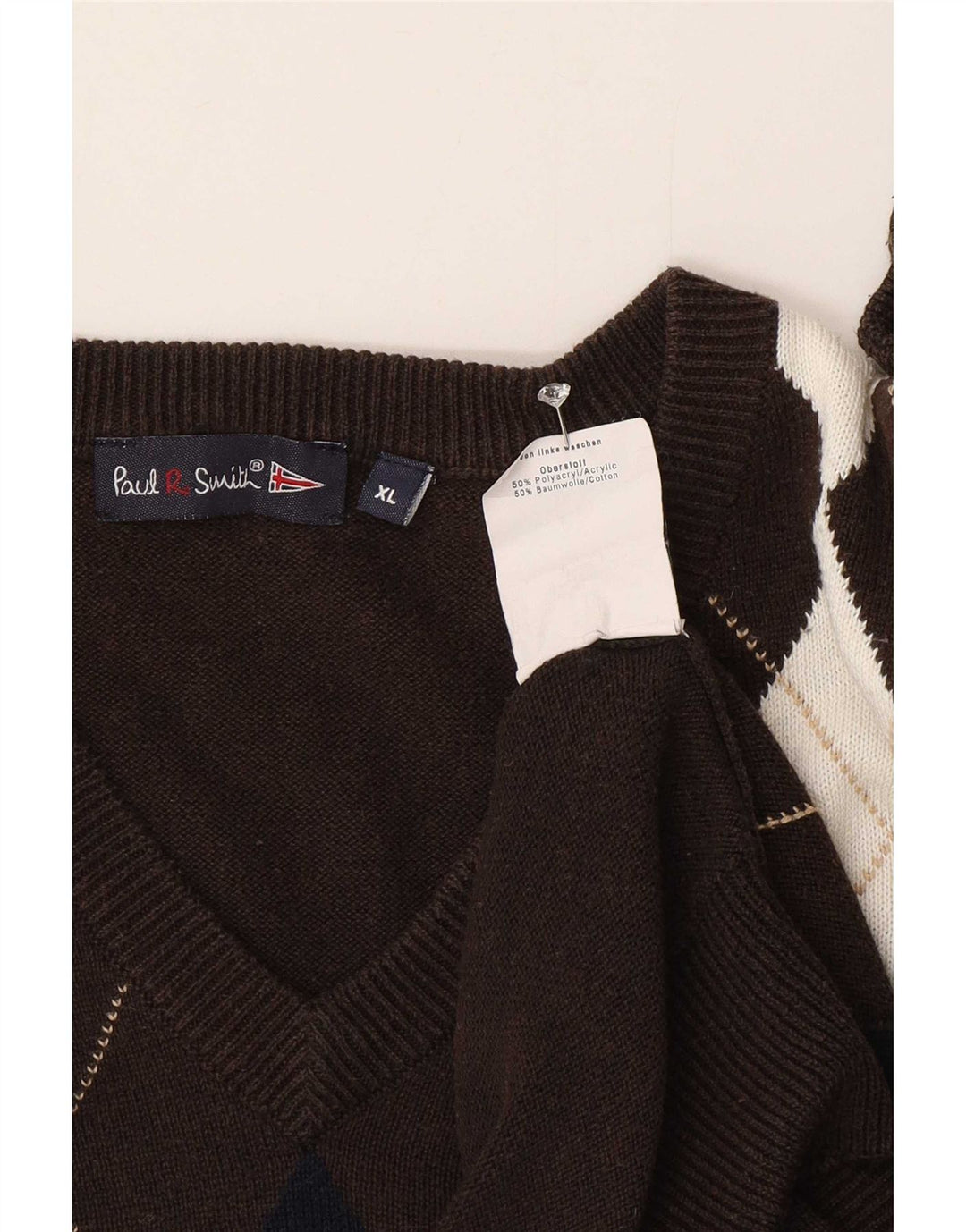 Paul Smith Herren-Pullover mit V-Ausschnitt, XL, braun, Argyle/Diamant