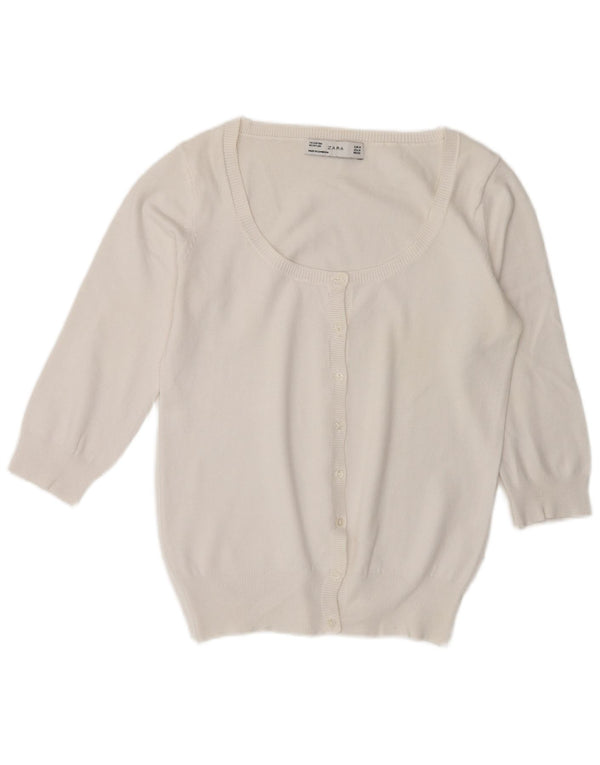 Zara Damen-Strickjacke mit 3/4-Ärmeln, UK-Größe 14, mittelweiße Baumwolle