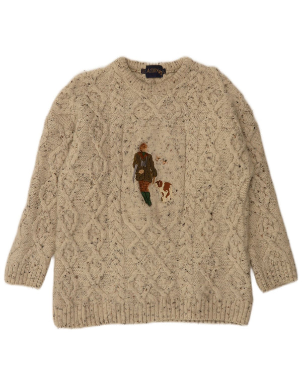Acorn Herren-Pullover mit grafischem Rundhalsausschnitt, groß, beige meliert, Schurwolle