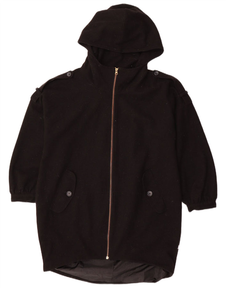 ADIDAS Womens Oversized Hooded Military Overcoat EU 36 Small Black Wool