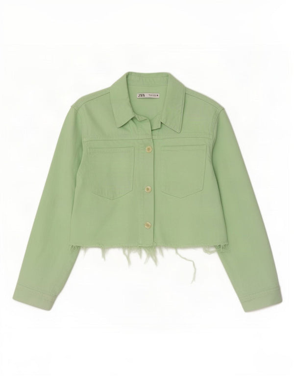 Zara Damen Crop Denim Jacke UK 16 Large Grüne Baumwolle