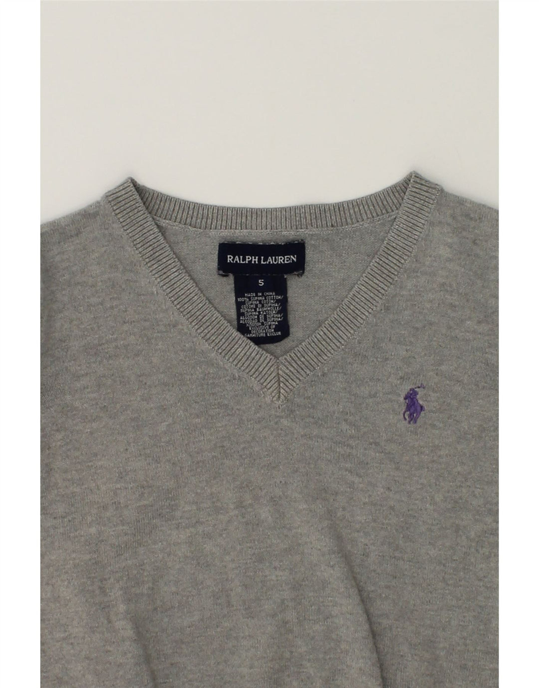 RALPH LAUREN Girls V-Neck Jumper Sweater 4-5 Years Grey Cotton | Vintage Ralph Lauren | Thrift | Second-Hand Ralph Lauren | Used Clothing | Messina Hembry 