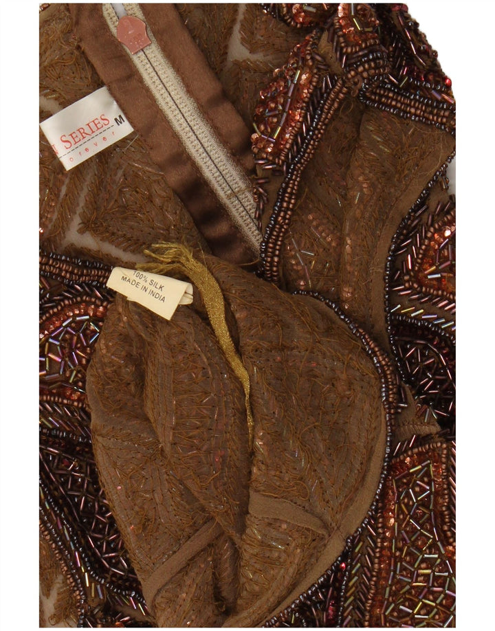 Vintage Damen Crop Ärmelloses Blusentop UK 12 Mittelbraune Patchwork-Seide