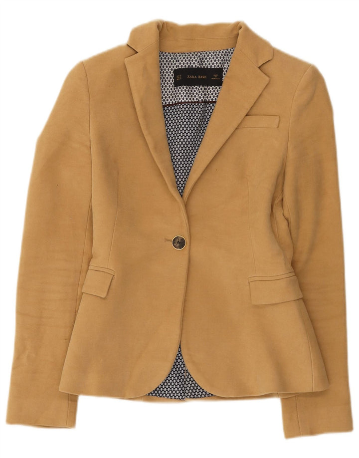 Zara Damen 1-Knopf-Blazerjacke UK 6 XS Braune Baumwolle