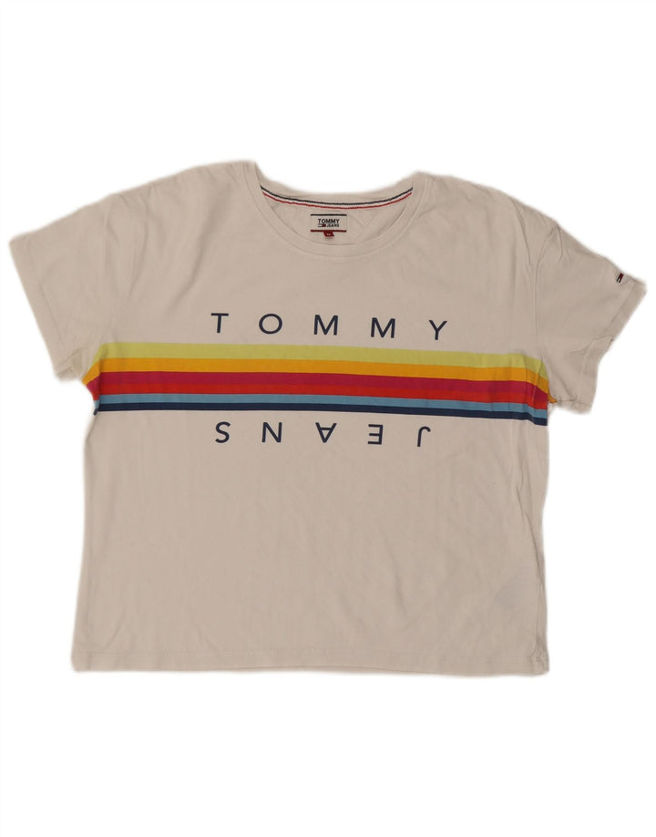 TOMMY HILFIGER Damen Grafik T-Shirt Top UK 14 Mittelweiße Baumwolle