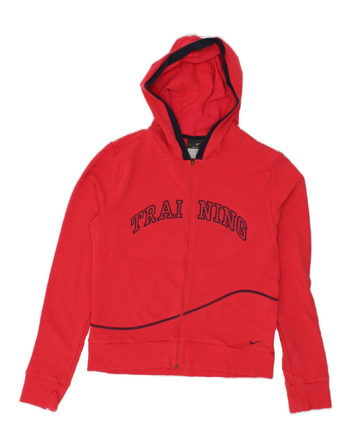 NIKE Womens Graphic Zip Hoodie Sweater UK 14/16  Large Red Cotton | Vintage Nike | Thrift | Second-Hand Nike | Used Clothing | Messina Hembry 