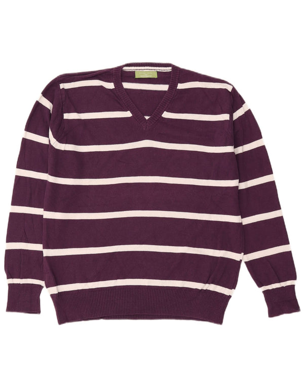 Zara Herren-Pullover mit V-Ausschnitt, XL, lila, gestreift, Baumwolle