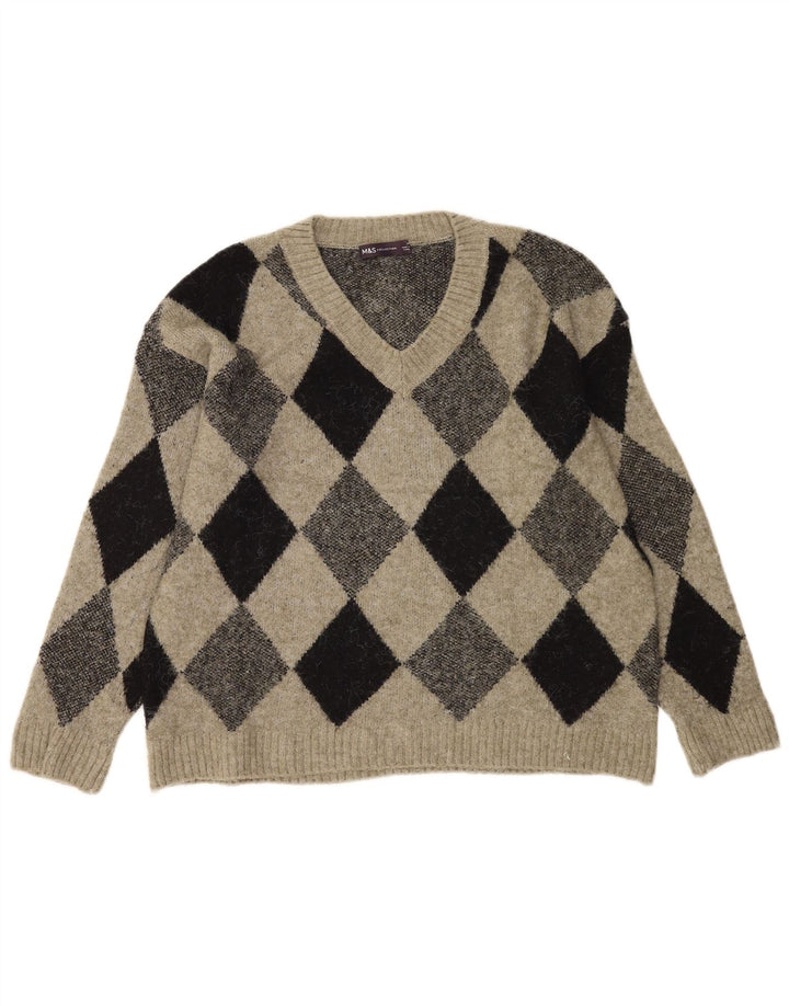 Marks & Spencer Herren-Pullover mit V-Ausschnitt, mittleres Khaki, Argyle/Diamant