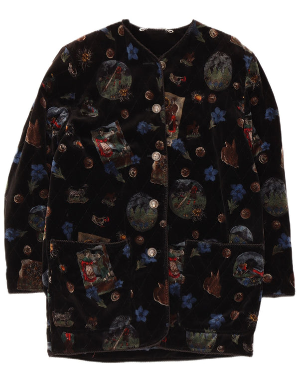 Vintage Damen Grafischer Samtmantel UK 12 Mittelschwarz geblümt