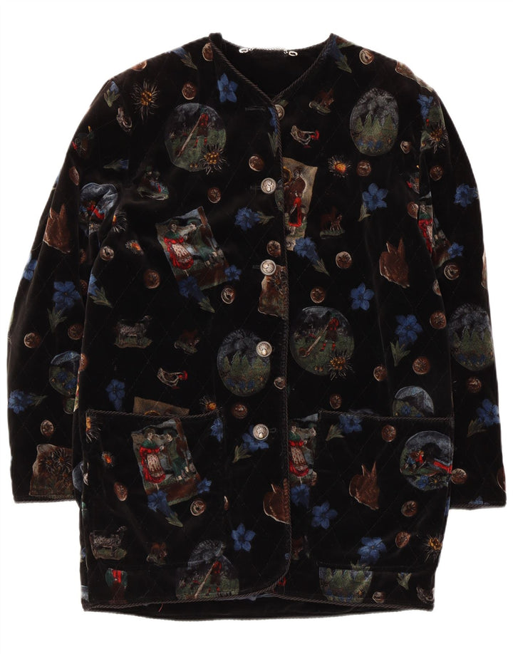 Vintage Damen Grafischer Samtmantel UK 12 Mittelschwarz geblümt