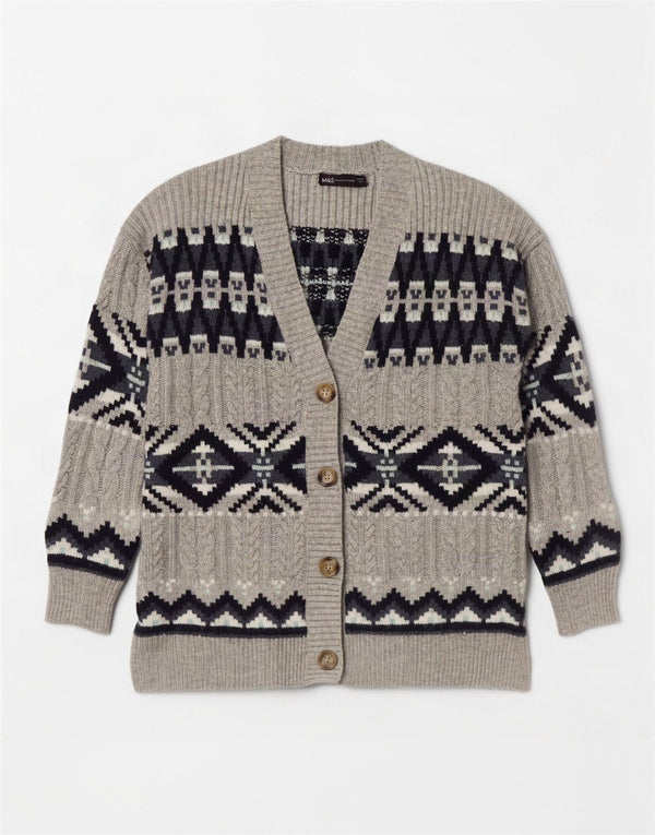 Marks & Spencer Damen-Cardigan-Pullover UK 14 Mittelgrau Fair Isle