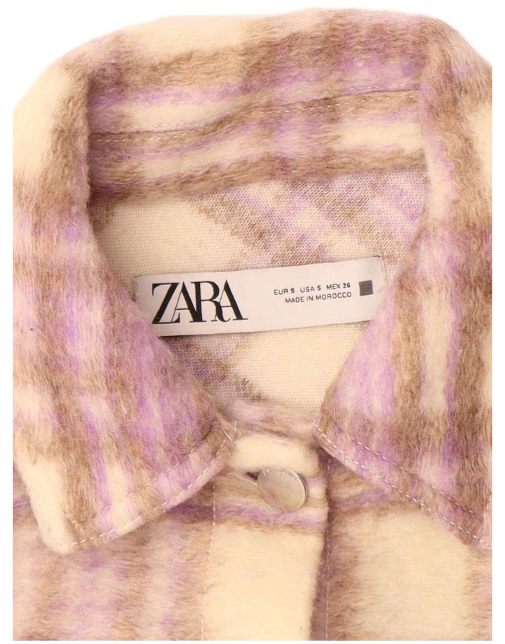 ZARA Damen Übergroße Crop Bomberjacke UK 10 Small Beige Check Polyester