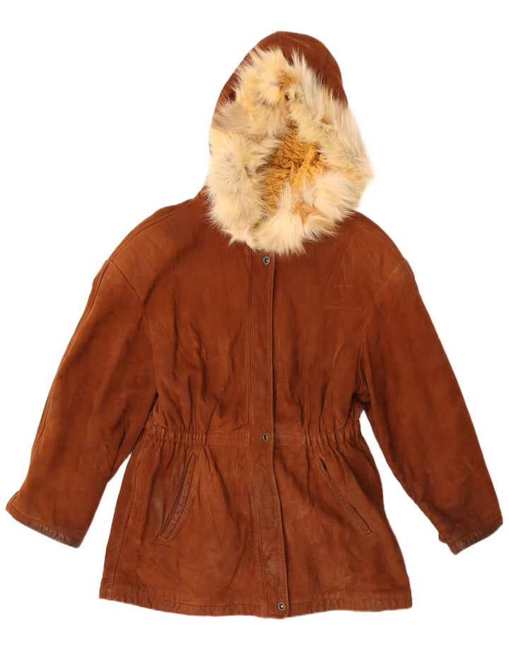 Vintage Damen Parkajacke aus Wildleder mit Kapuze IT 42 Mittelbraun
