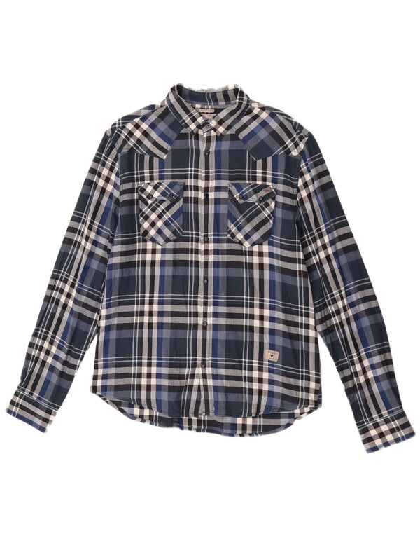 Guess Herren-Flanellhemd mit schmaler Passform, UK 40, mittelmarineblau, kariert, Baumwolle