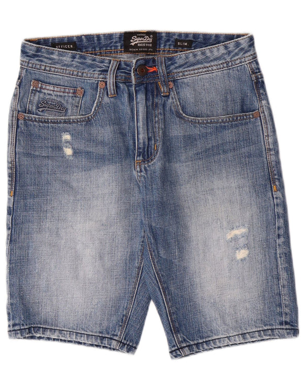 SUPERDRY Herren Distressed Slim Denim Shorts W28 Mittelblaue Baumwolle