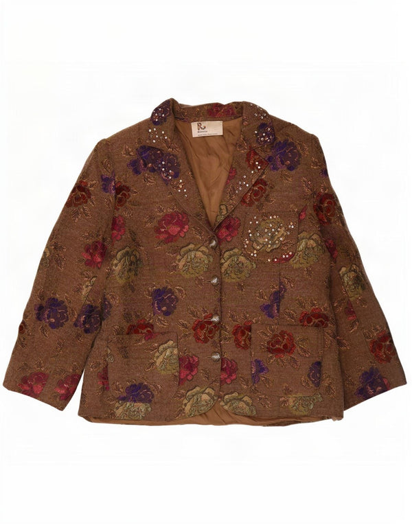 Romano Damen-Blazer mit 4 Knöpfen, Gr. 16, groß, braunes Acetat mit Blumenmuster