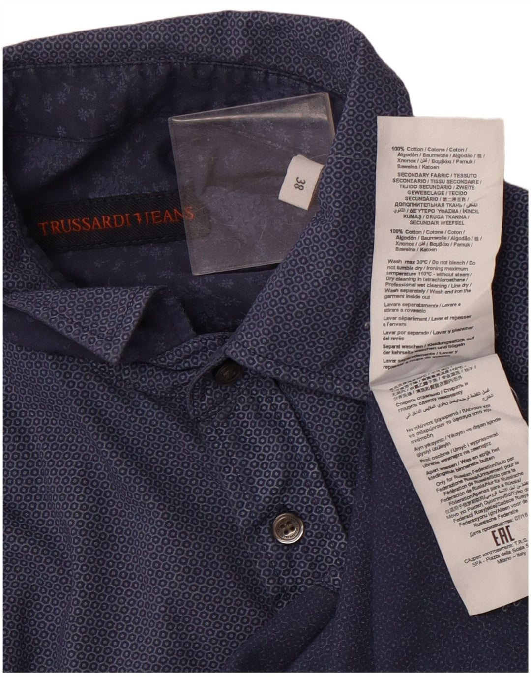 TRUSSARDI JEANS Herrenhemd Größe 38 Mittelmarineblaue geometrische Baumwolle